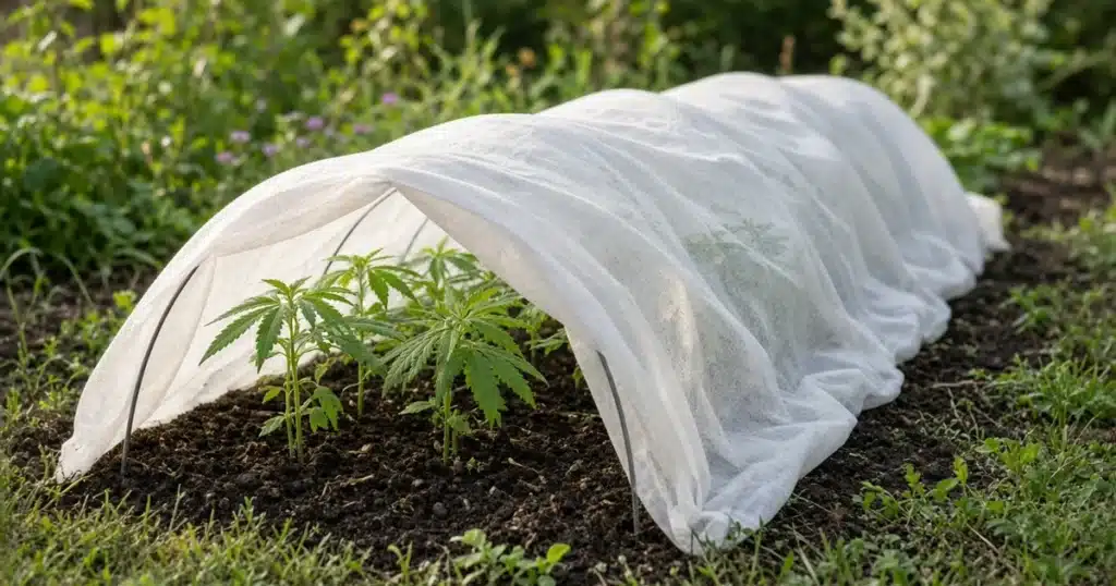 Row covers for cannabis: white fabric over hoops on young outdoor plants
