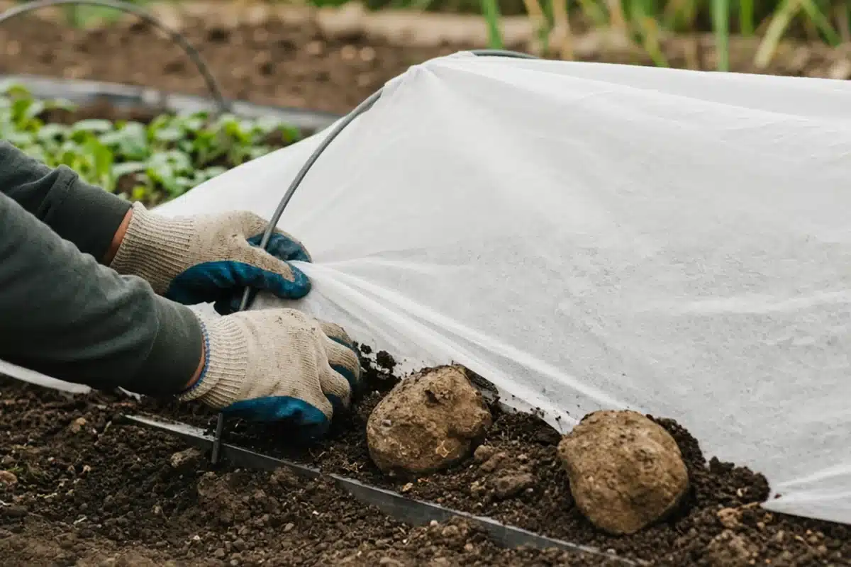 Grower securing row cover edges with soil and rocks along a cannabis bed