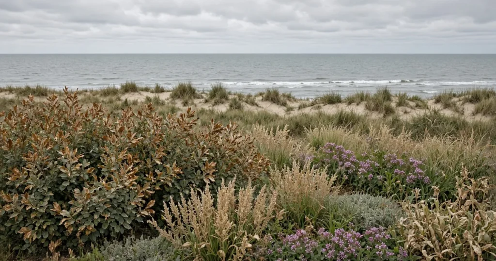 Salt spray damage: coastal garden plants with browned leaf edges on the side facing the sea