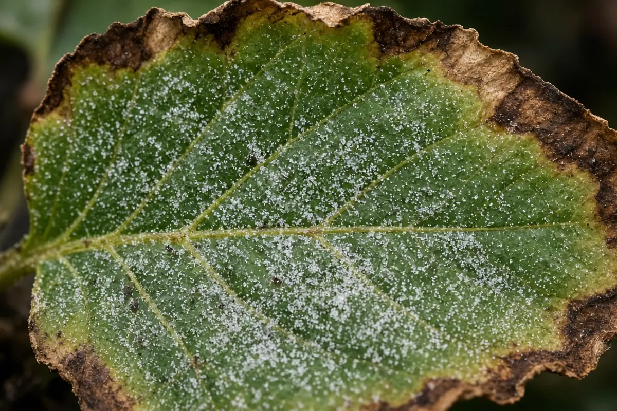 Leaf with browned, scorched edges and a fine film of salt on its surface