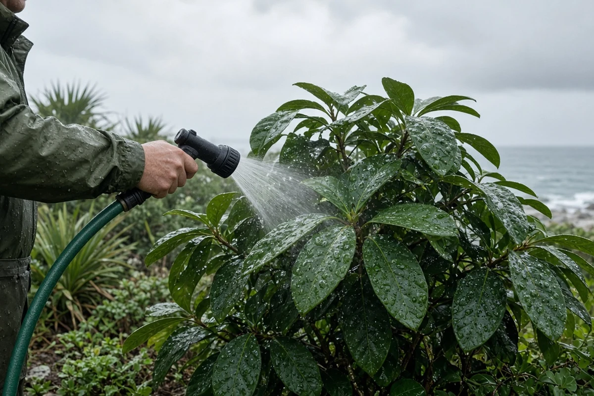 Gardener rinsing plant leaves with fresh water from a garden hose after a storm