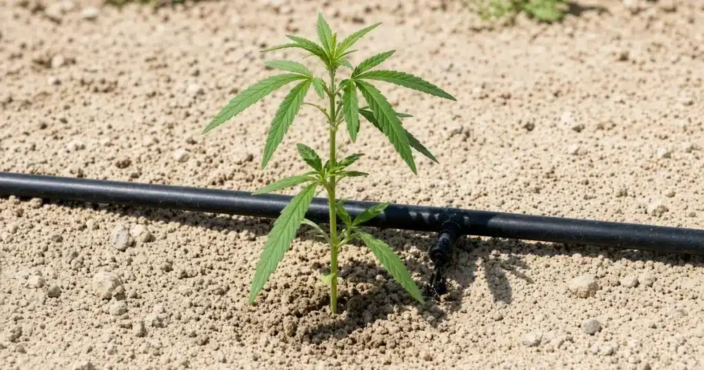 Sandy soil for cannabis: a young plant in pale sandy ground with a drip line