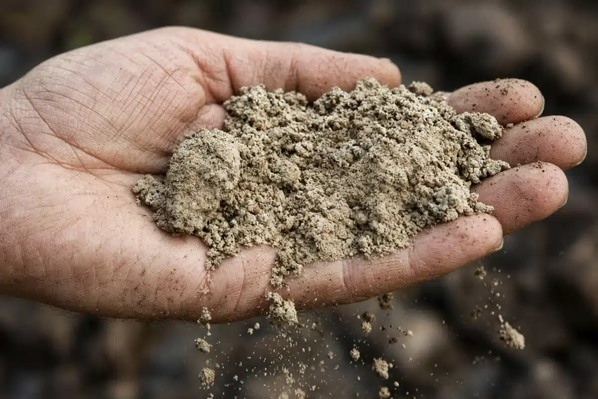 Moist sandy soil falling apart in an open hand instead of holding a ball shape