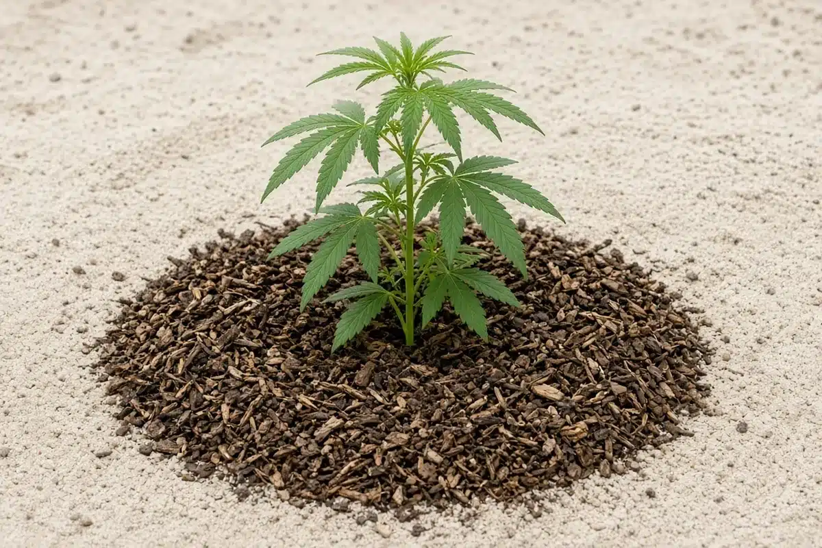 Wood chip mulch spread over sandy soil around the base of a garden plant
