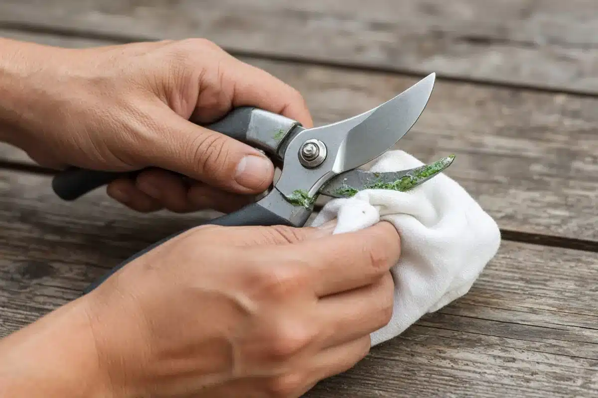 Sap and soil being scrubbed off pruner blades with a damp cloth