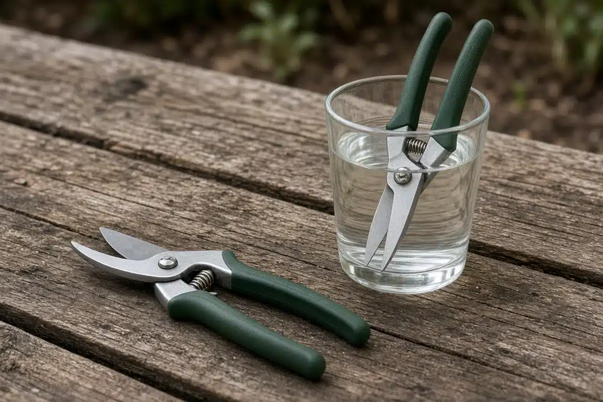 Two pairs of pruners on a garden table, one standing in a glass of alcohol