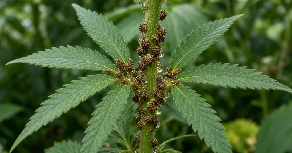 Cannabis stem dotted with bumpy scale insects and shiny honeydew