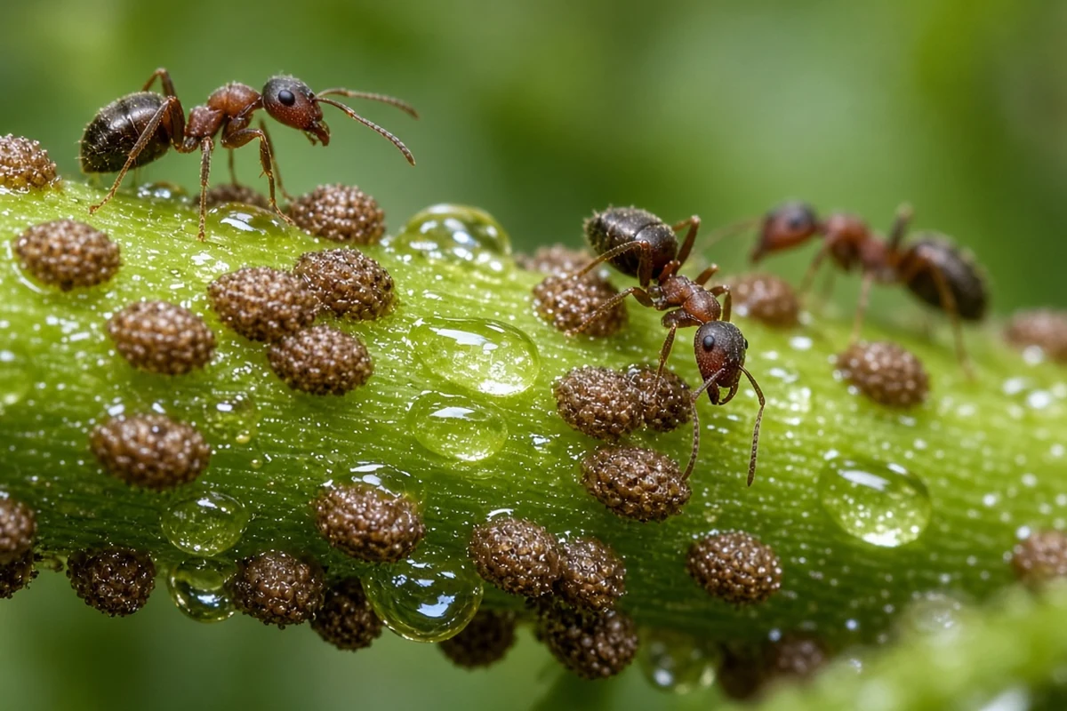 Ants gathered around bumpy scale insects and shiny honeydew on a plant stem