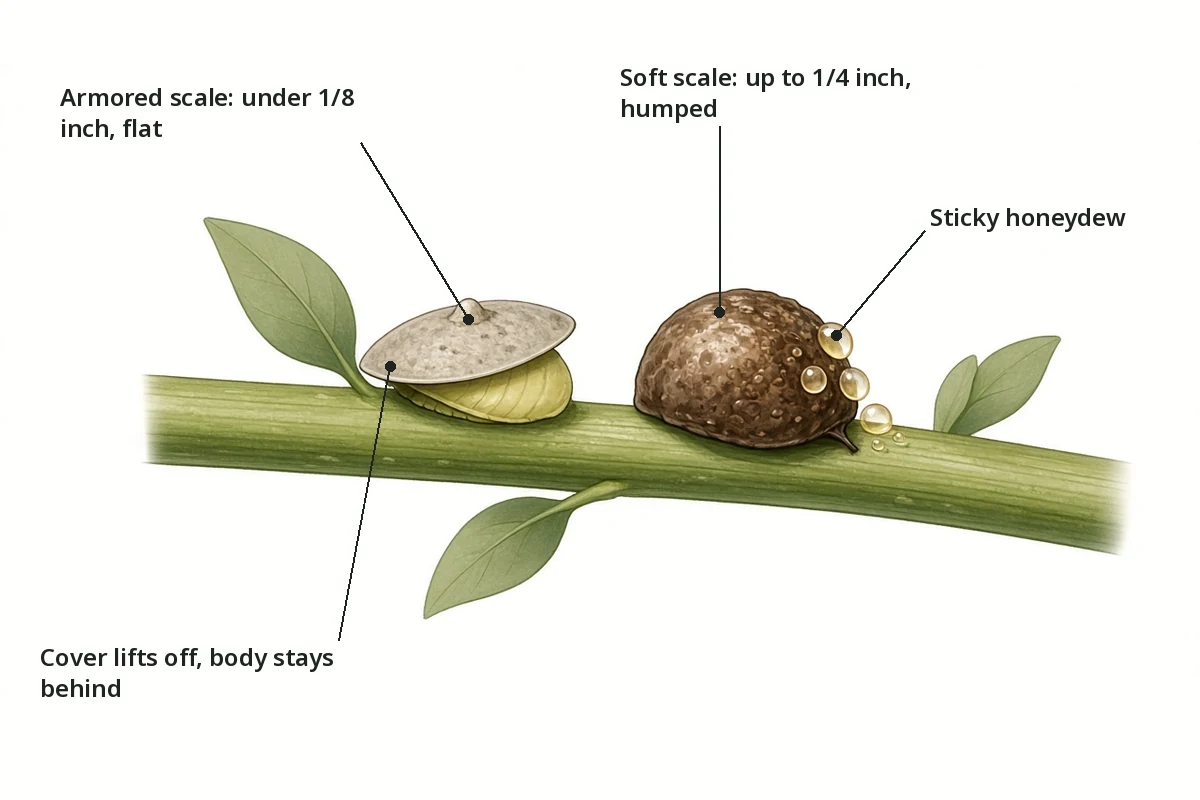 Side by side drawing of a flat platelike armored scale and a rounded humped soft scale on a stem
