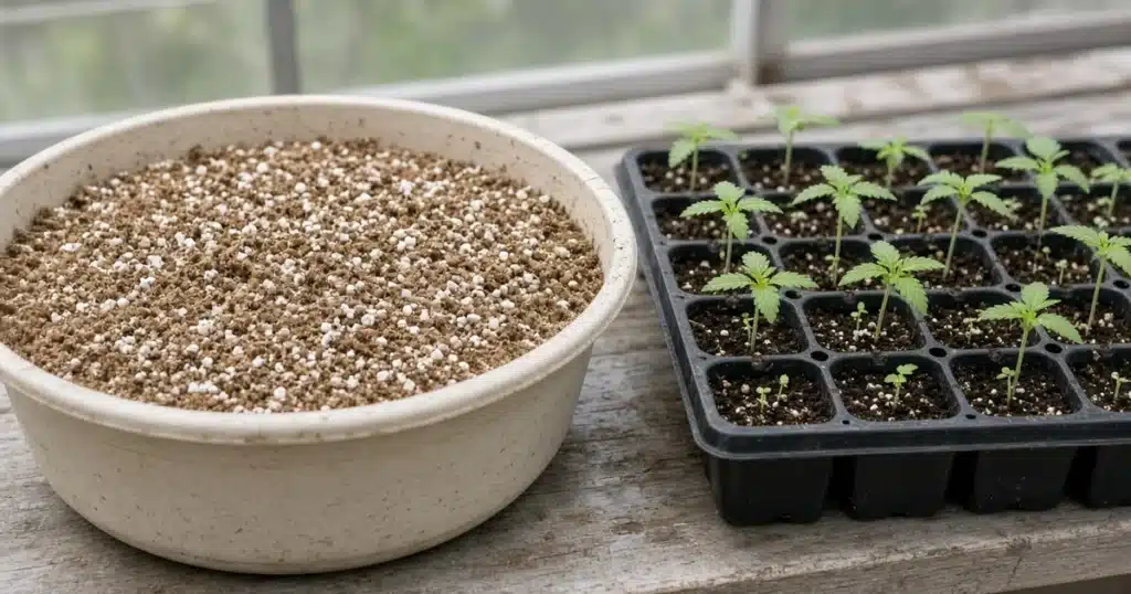 Seed starting mix for cannabis: light soilless mix beside a tray of young seedlings