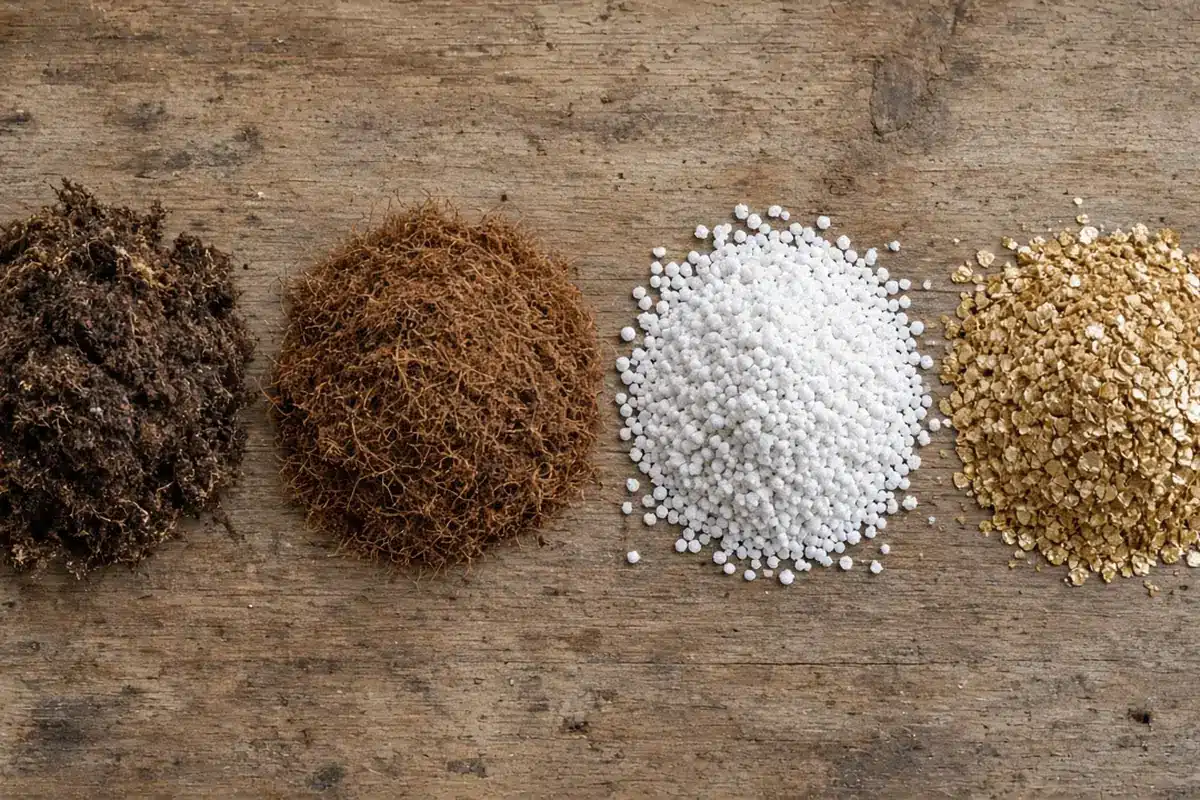 Peat moss, coco coir, perlite and vermiculite in separate piles for a seed starting mix