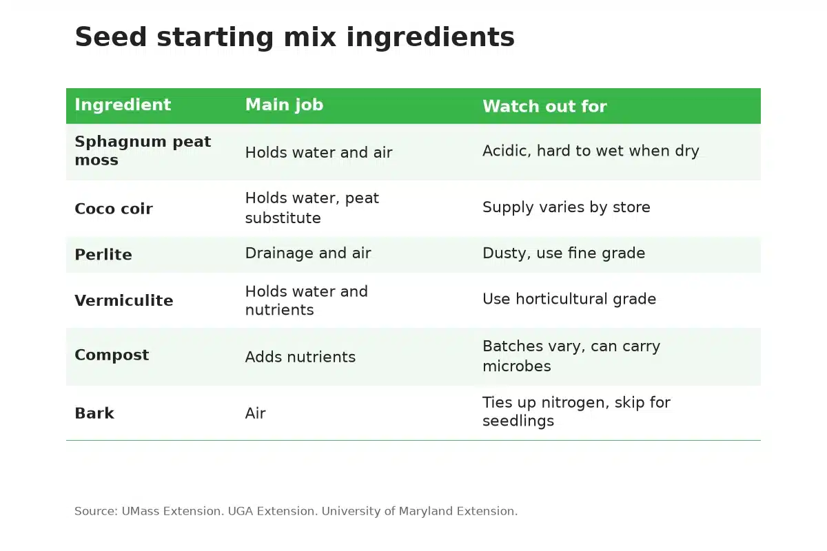 Table of seed starting mix ingredients for cannabis and what each one does