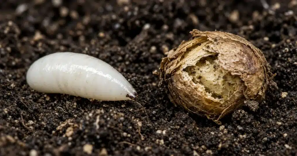Seedcorn maggot next to a split seed in moist garden soil