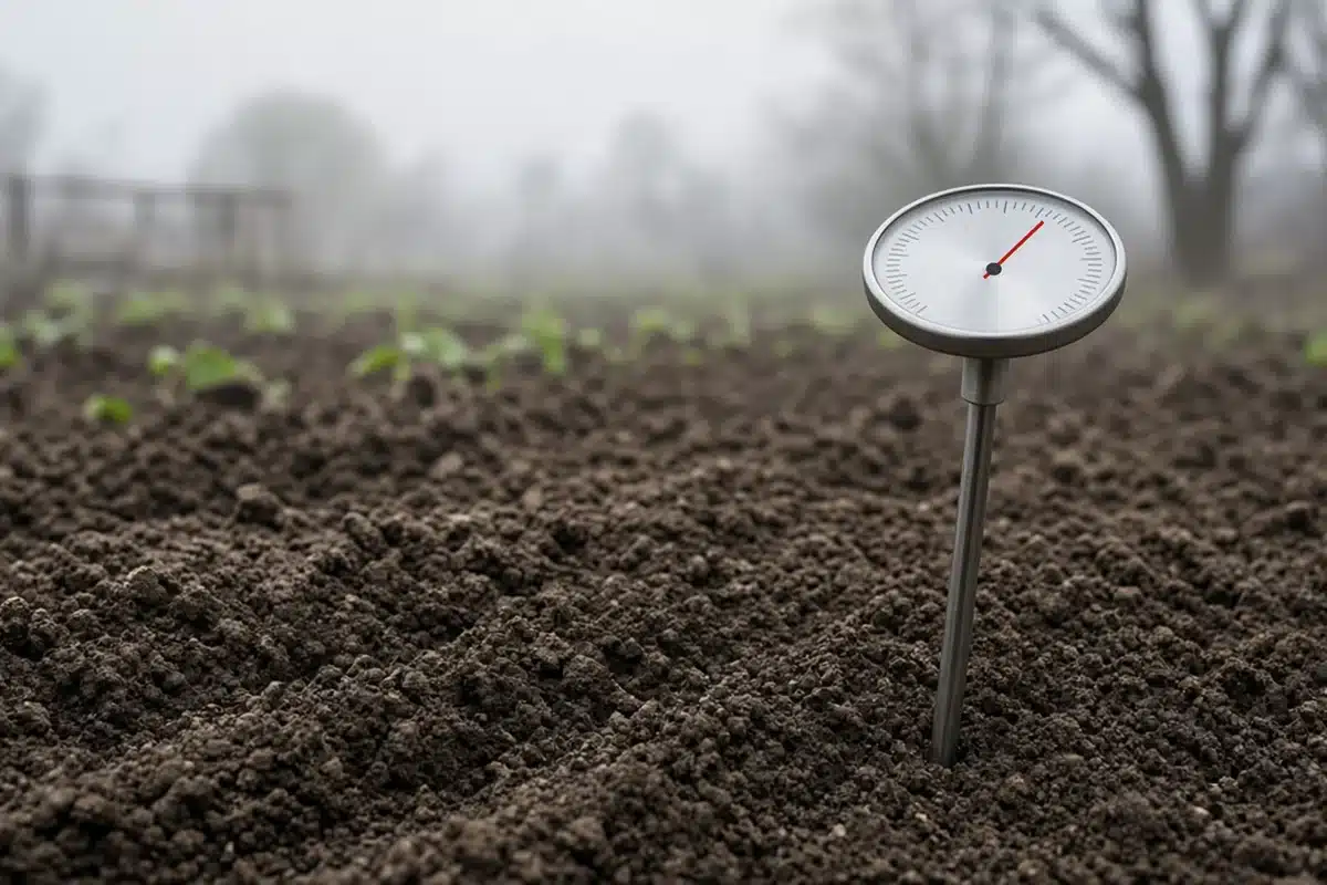 Soil thermometer in a spring garden bed before sowing seeds