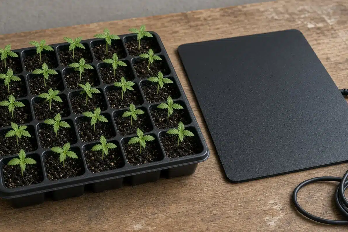 Young cannabis seedlings in a tray moved off a heat mat