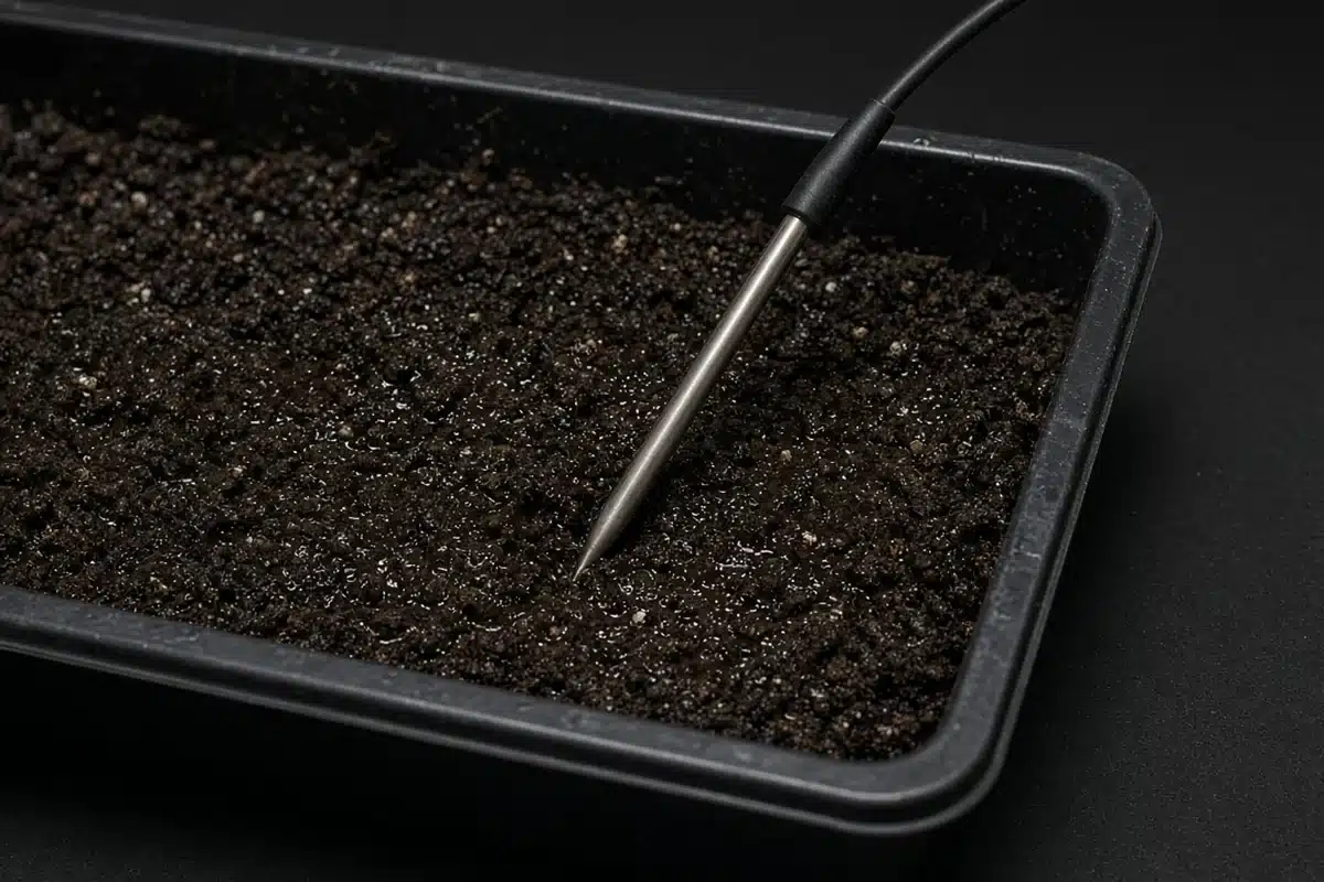 Thermostat probe placed in the mix of a seed tray on a heat mat