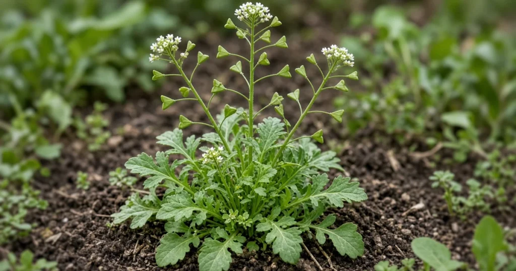 Shepherds purse with heart shaped seed pods on thin stalks above a low rosette in a garden bed