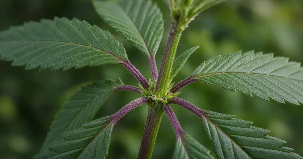 Cannabis stem and leaf stalks with purple red color among green leaves