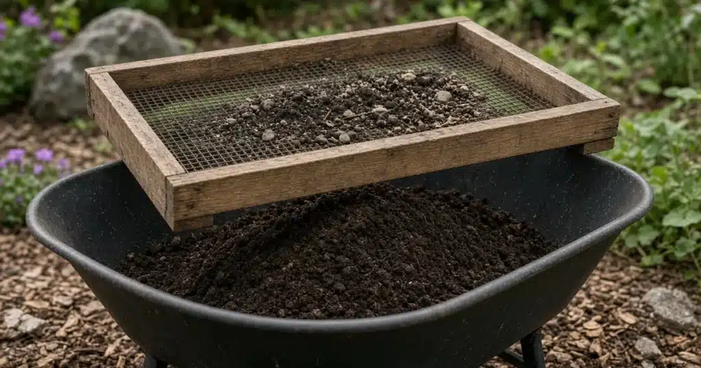 Wooden framed soil sifting screen over a wheelbarrow of fine dark soil, with stones and debris left on the mesh