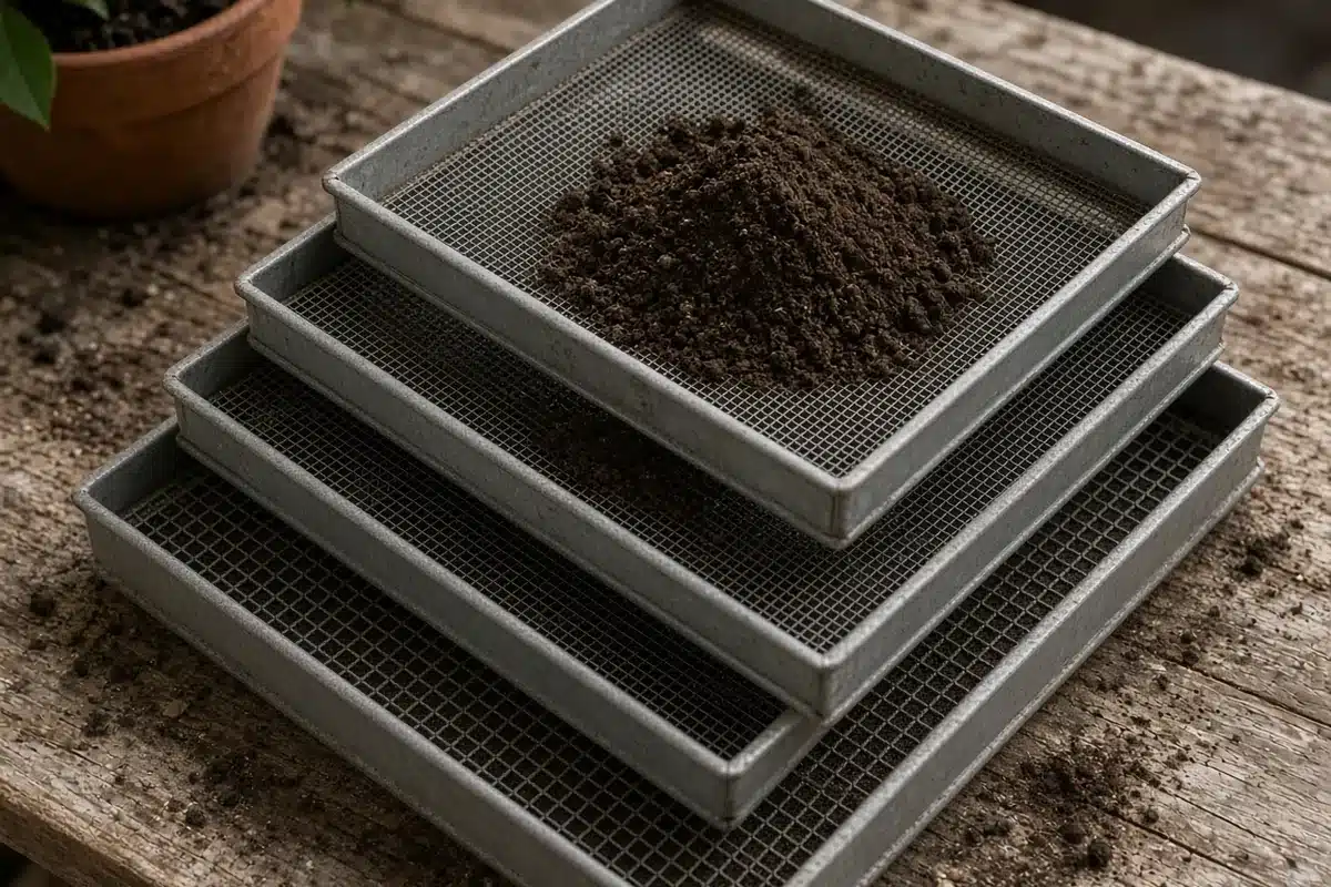 Stack of square metal soil sieves with different mesh sizes on a potting bench, with sifted soil on top