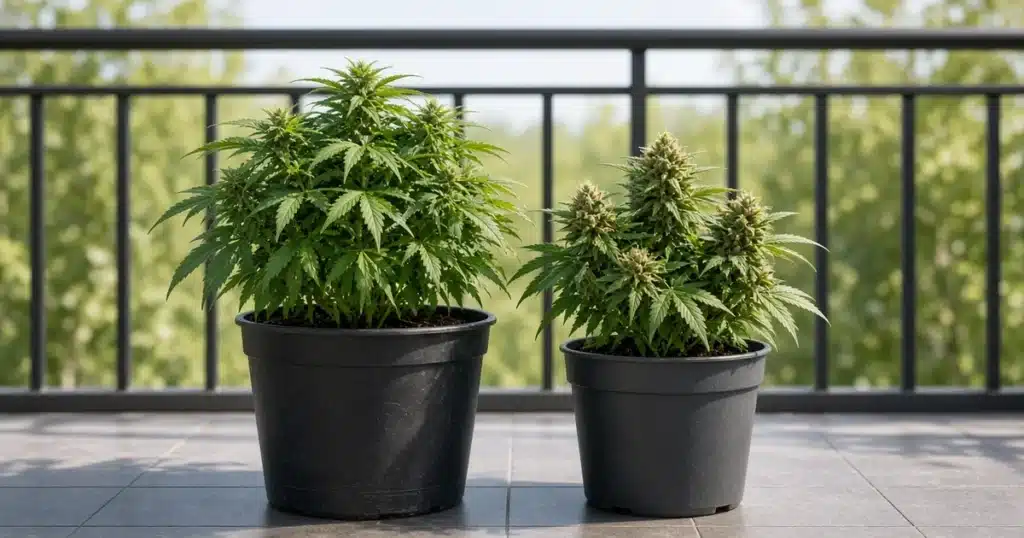 Large photoperiod cannabis plant beside a small flowering autoflower on a balcony