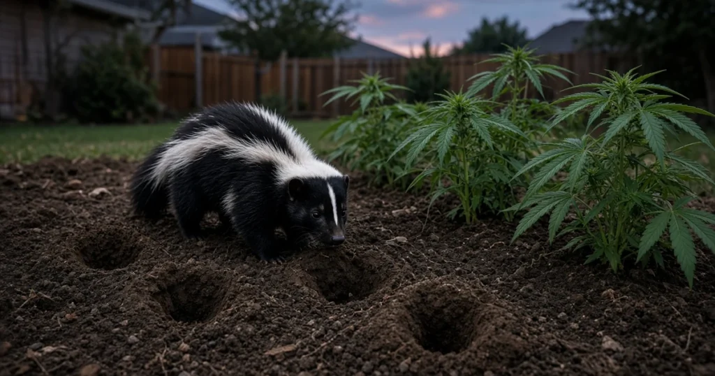 Striped skunk near small dug pits at the edge of a backyard cannabis bed at dusk
