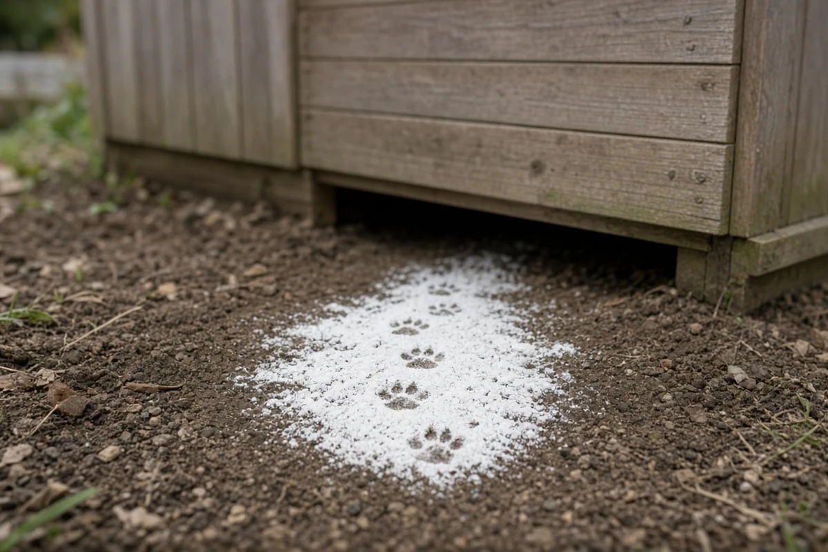 Thin layer of flour spread in front of an opening under a shed showing footprints leading out