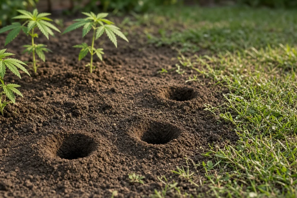 Several small cone shaped pits about 3 inches across dug into soil near a garden bed