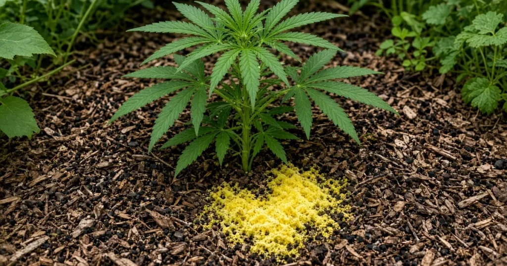 Bright yellow slime mold and tiny dark artillery fungus spots in mulch around a cannabis plant