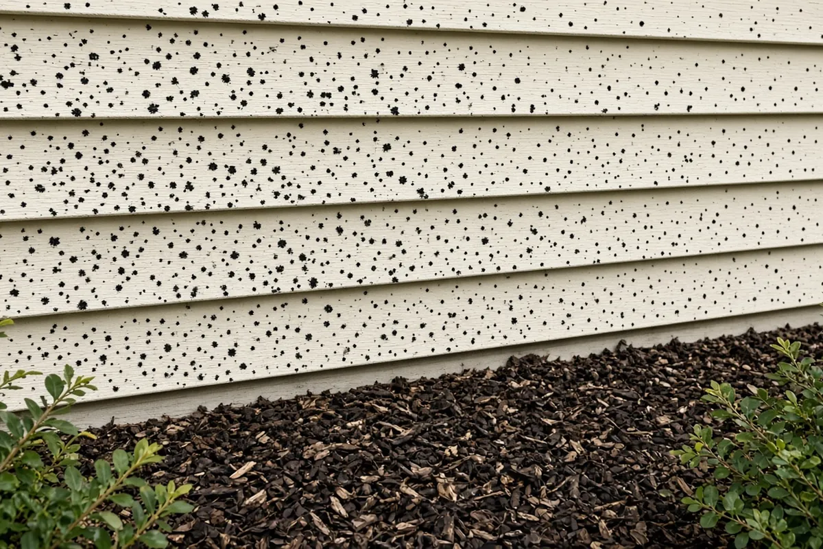 Tiny dark tarlike spots of artillery fungus spores stuck to light colored house siding