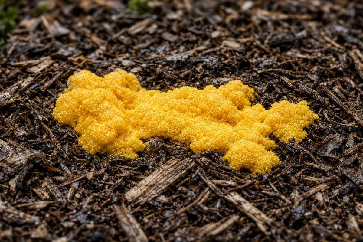Bright yellow slime mold patch spreading across wood mulch
