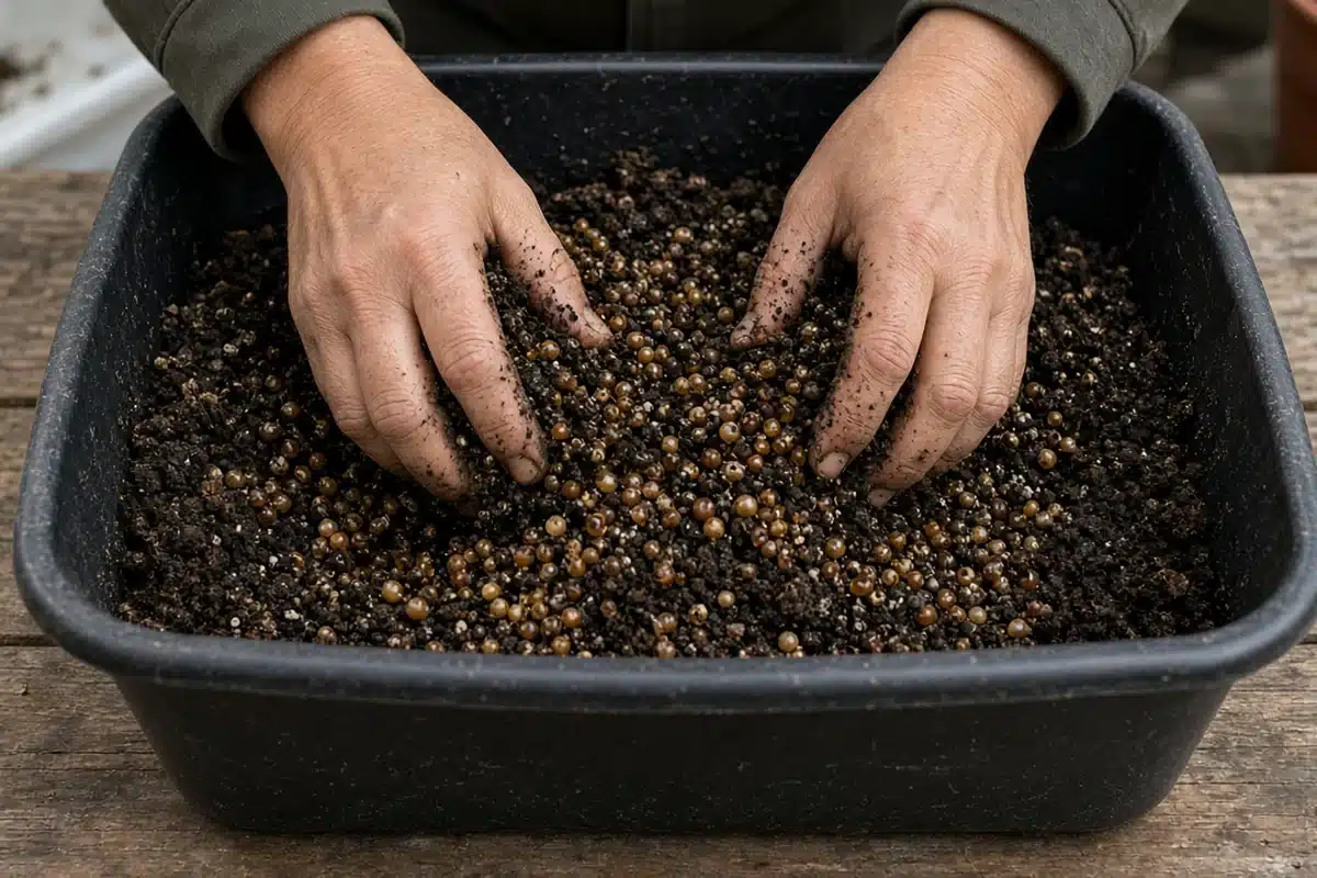 Hands mixing slow release fertilizer granules evenly into potting mix