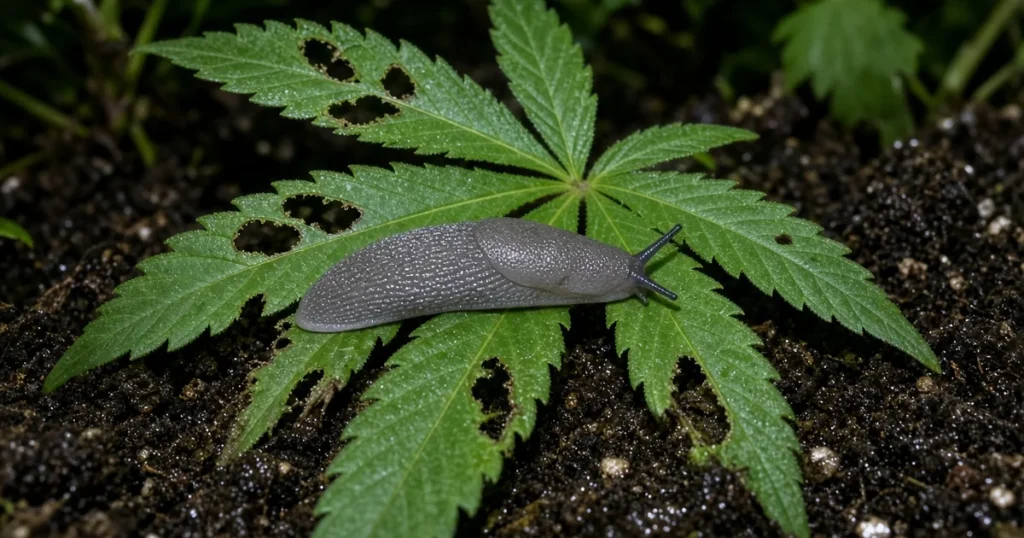 Gray garden slug on a chewed cannabis seedling leaf at night