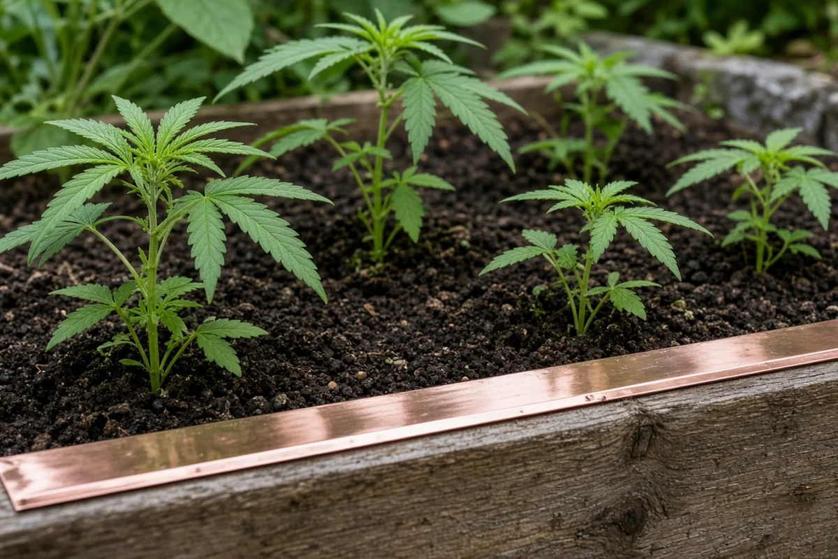 Copper strip fixed along the top edge of a wooden raised bed