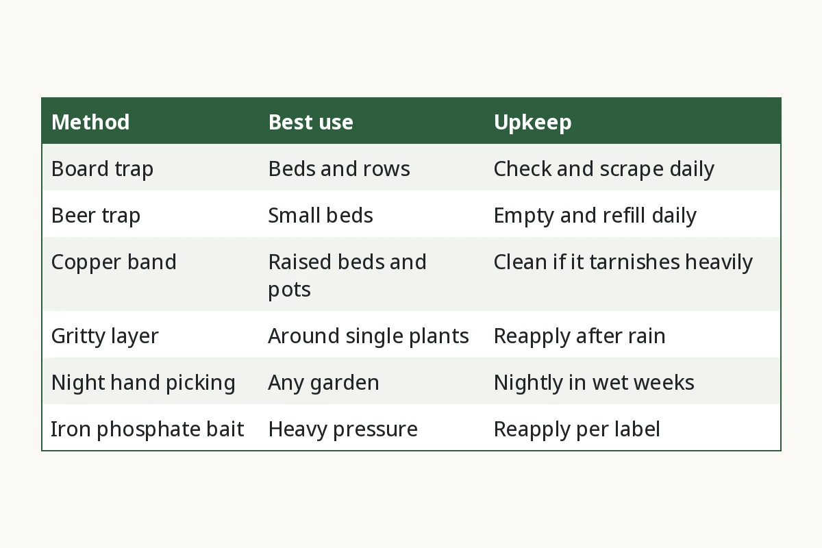 Chart of slug traps and barriers with upkeep for each