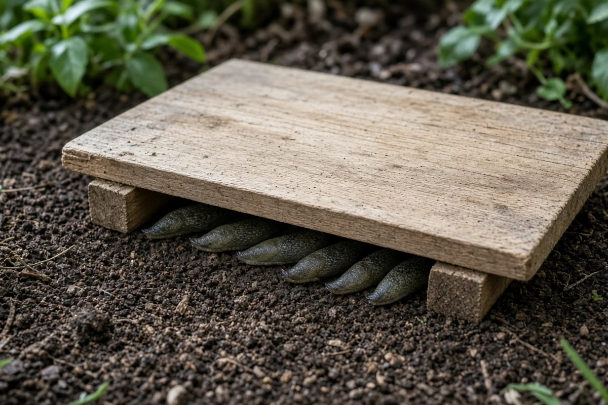 Wooden board on 1 inch runners lifted to show slugs gathered underneath