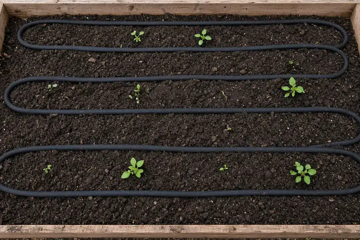 Soaker hose laid in parallel runs about a foot apart across a raised garden bed