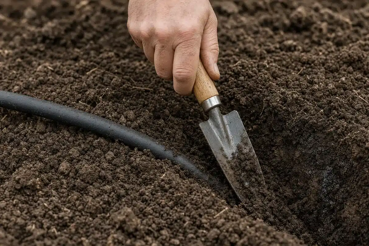 Gardener checking soil moisture with a trowel beside a soaker hose