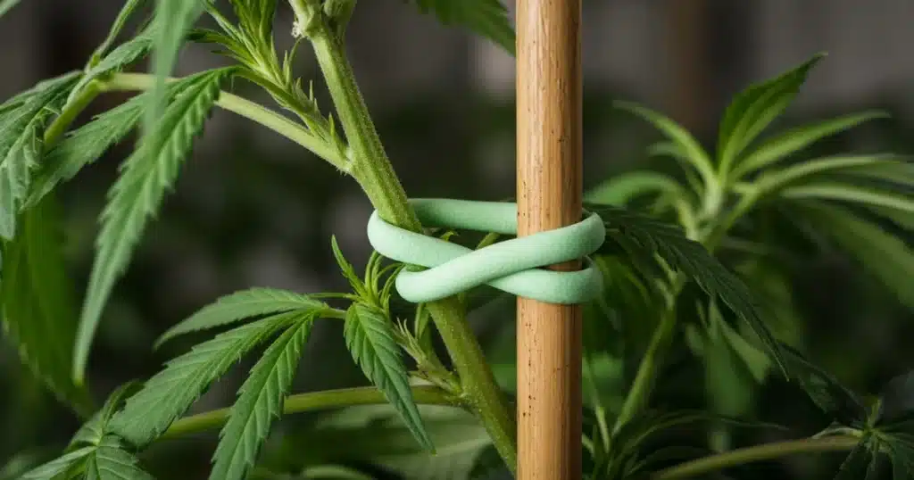 Cannabis stem tied loosely to a bamboo stake with a soft green foam plant tie in a figure eight loop