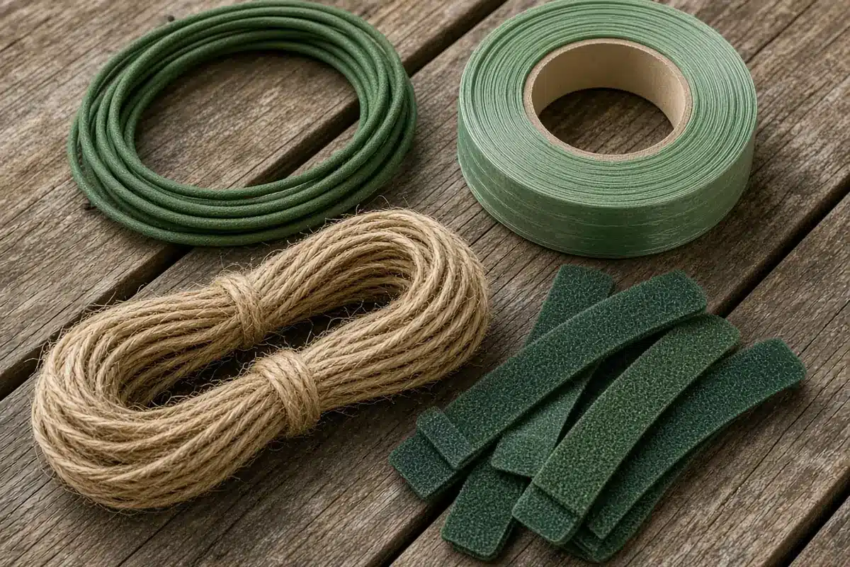 Soft plant ties on a wooden bench: a coil of green foam twist tie, a roll of green tie tape, a bundle of jute twine and green hook and loop straps