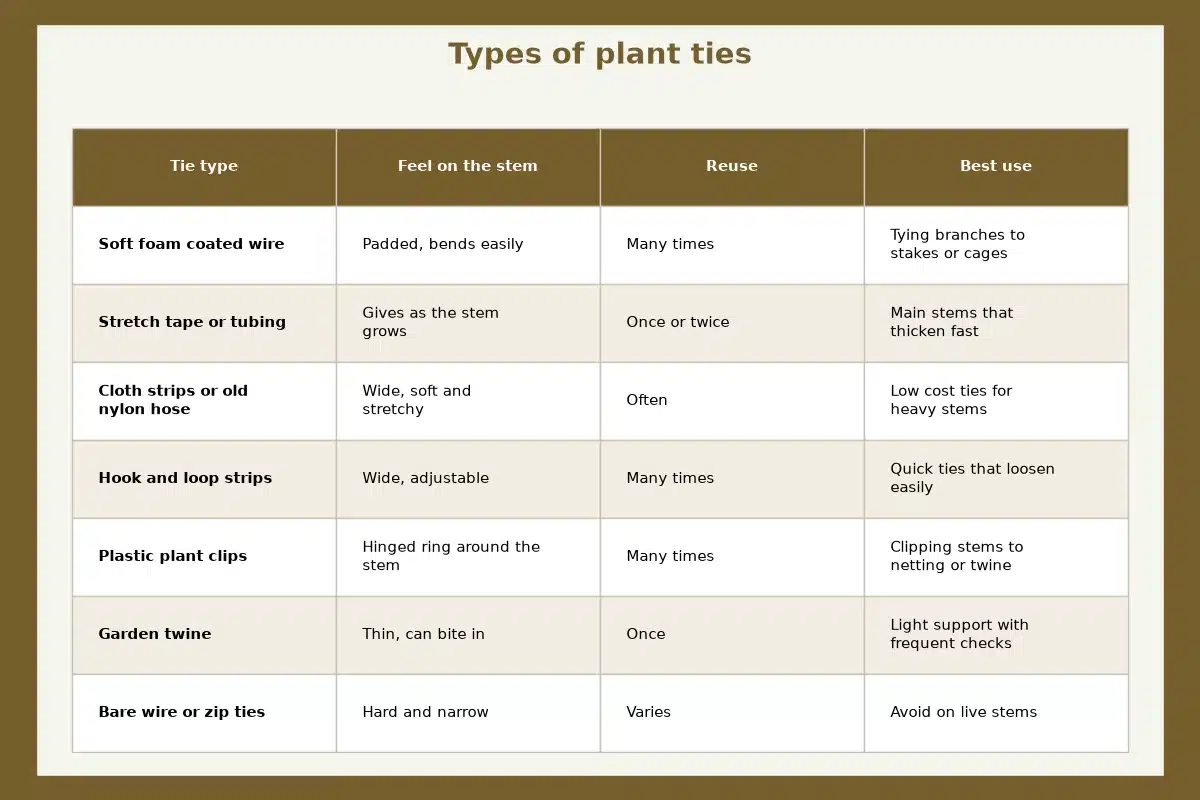 Table chart titled Types of plant ties, comparing feel on the stem, reuse, best use for each tie type