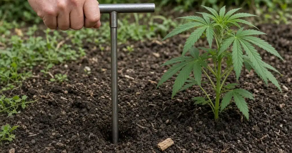 Soil compaction in the garden: a metal probe testing a cannabis bed