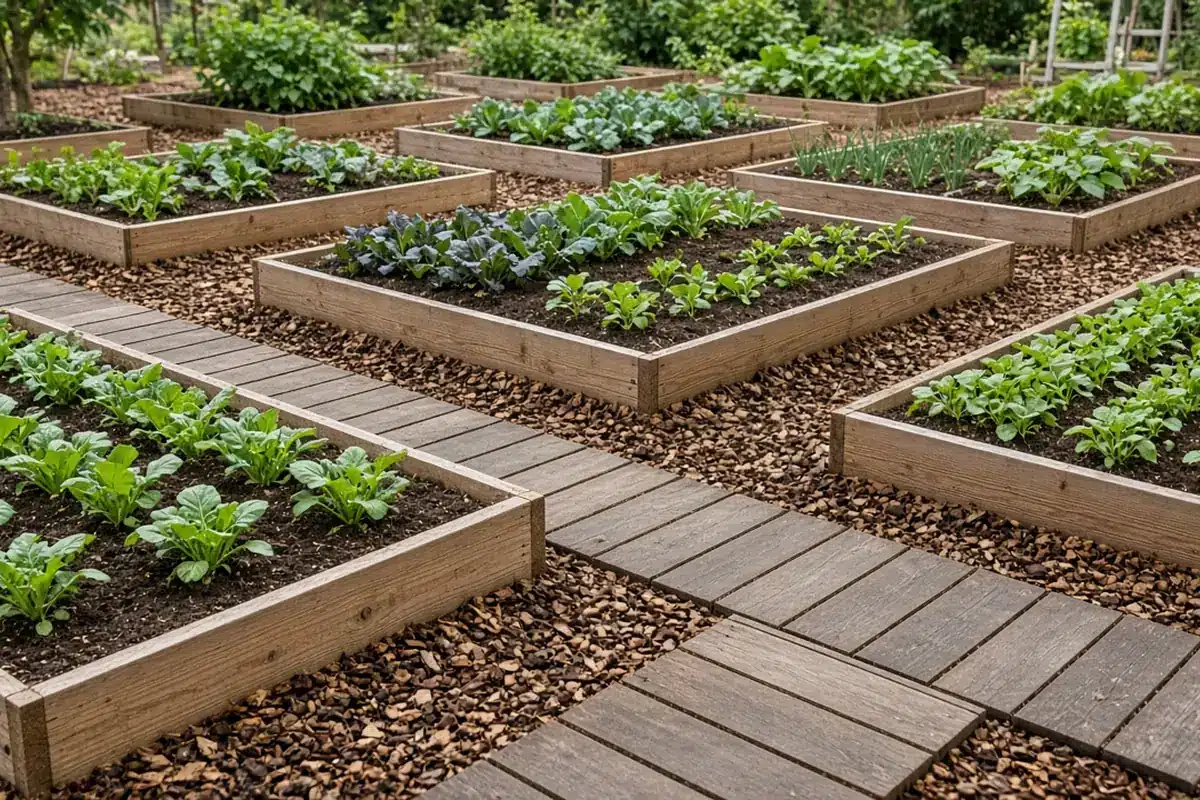 Garden beds with mulched paths and boards to prevent soil compaction