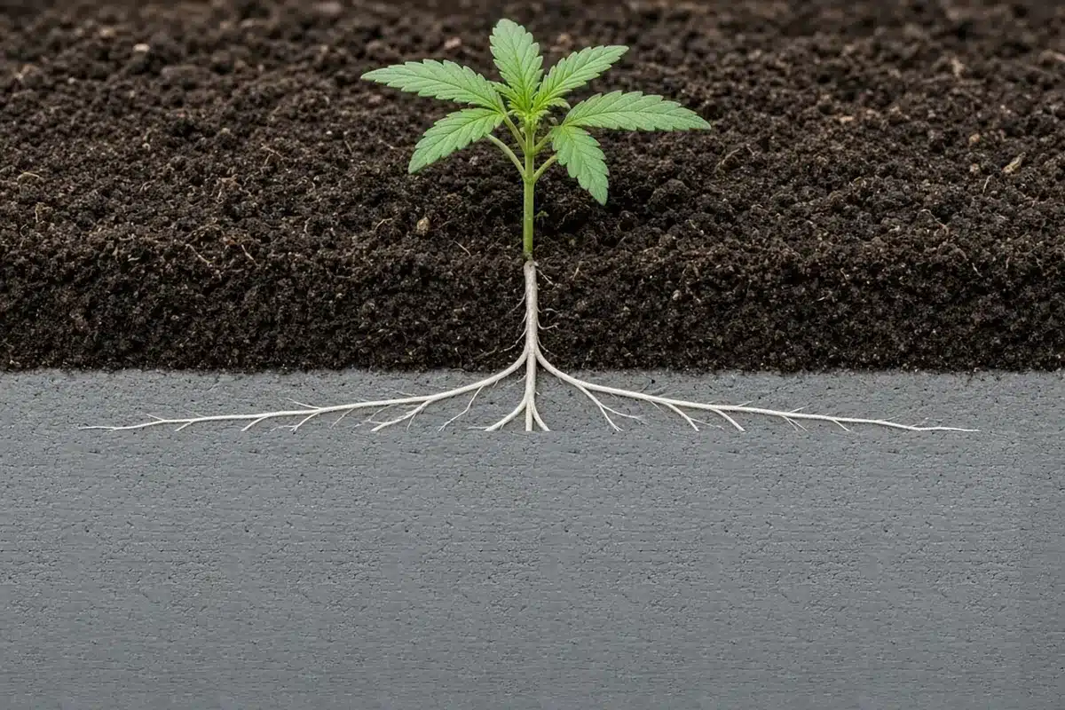 Roots turning sideways above a compacted soil layer in a garden bed