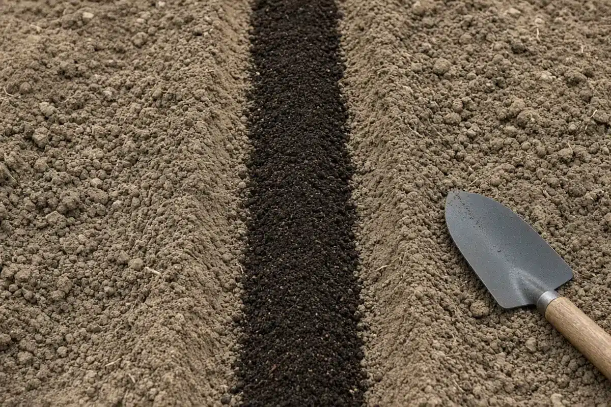 A narrow strip of fine compost covering a freshly sown seed row