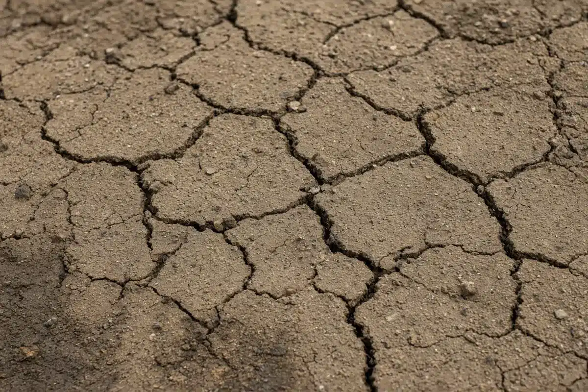 Close view of a thin cracked crust on bare garden soil after a hard rain