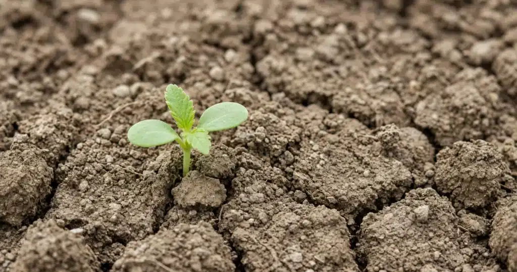 Soil crusting and cannabis seedlings: a sprout pushing through a cracked soil crust
