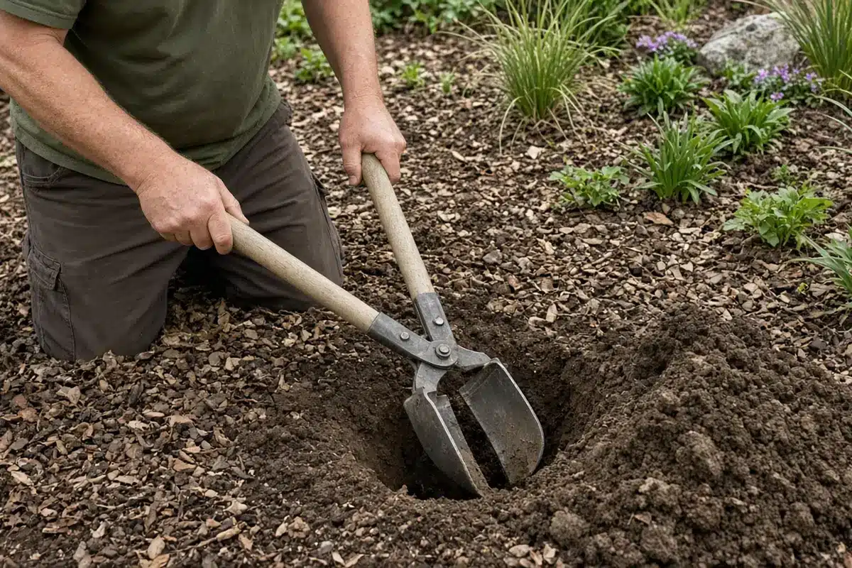 Gardener digging a test hole to check soil drainage