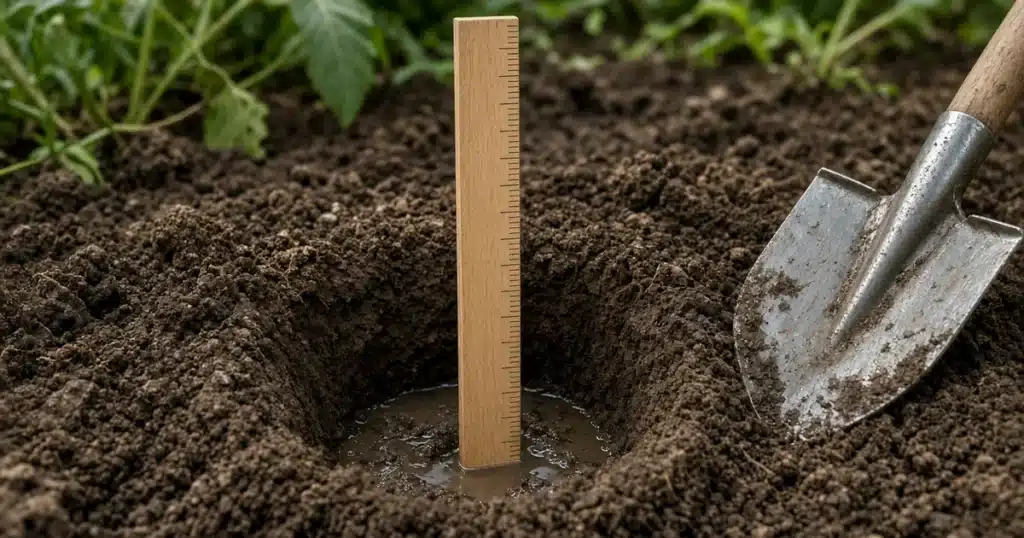 Ruler measuring water level in a soil drainage test hole
