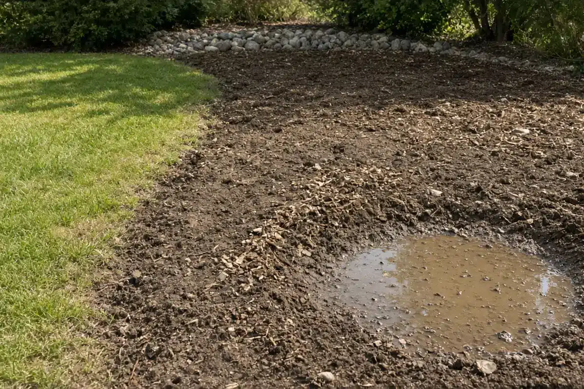 Standing water in a low corner of a garden bed after rain